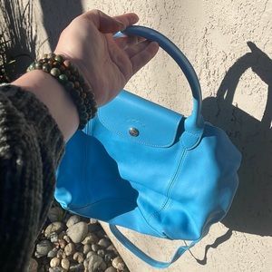 Longchamp Small Le Pliage Cuir Leather Top Handle Tote in Bright Sky Blue